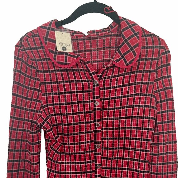 FREE PEOPLE Stretch Ruched Blouse Red & Black, M - Picture 5 of 9